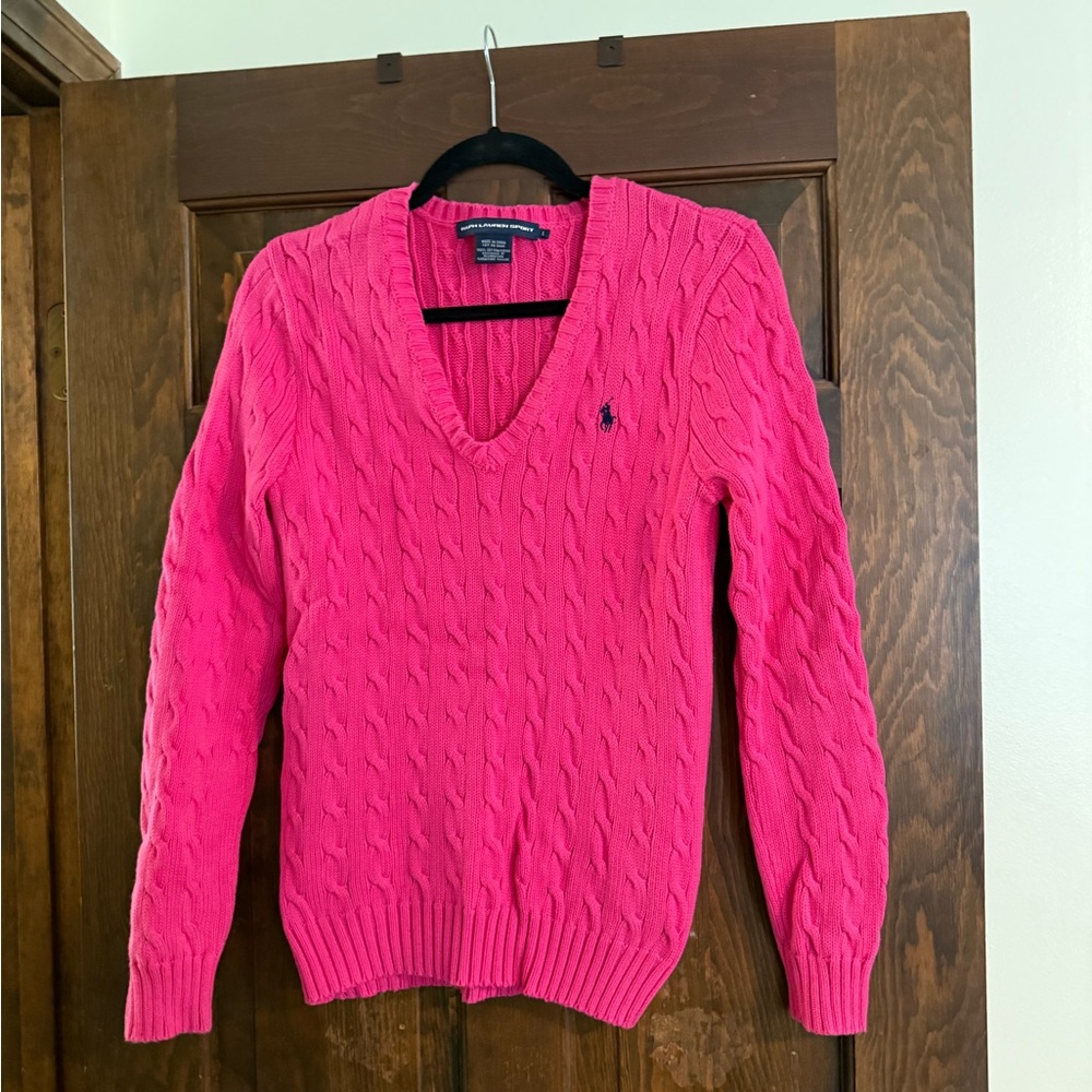Ralph Lauren Sport Hot Pink V-neck Cable-Knit Sweater Women’s Large
